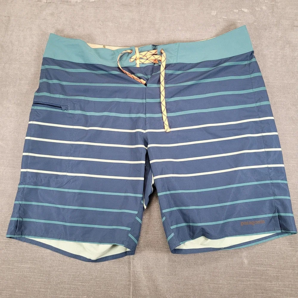 Patagonia Board Shorts Men's Size 38 Blue Teal Stripe Swim‎ Trunks Pockets